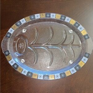 Fire King Tree Of Life Atomic Black, White & Gold Snowflakes Glass Oval Platter